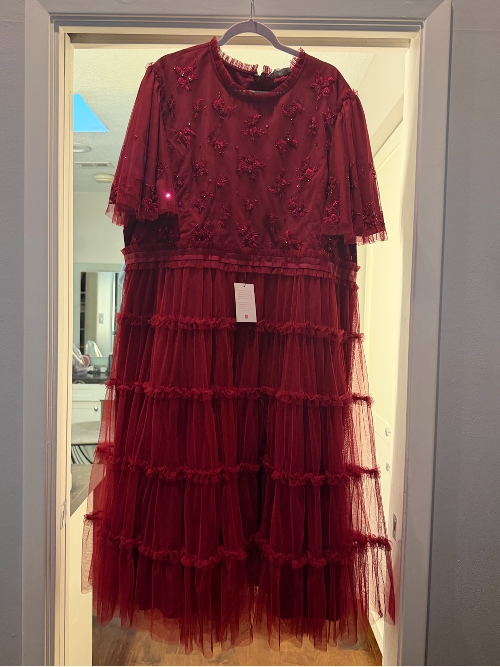 NWT Ivy City Co Burgundy Tiered Tulle Dress with Embellished Bodice